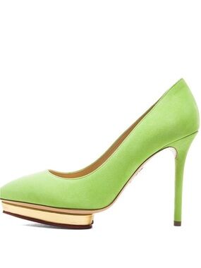 Charlotte Olympia Debbie Neon Green Suede Platform Stiletto with Gold Trim